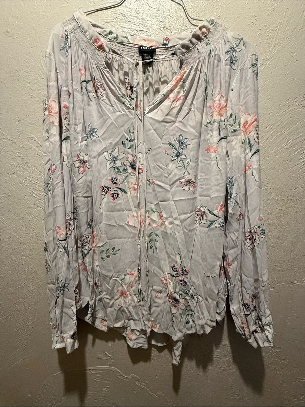 torrid White Floral Peasant Blouse with Pink & Green Accents
